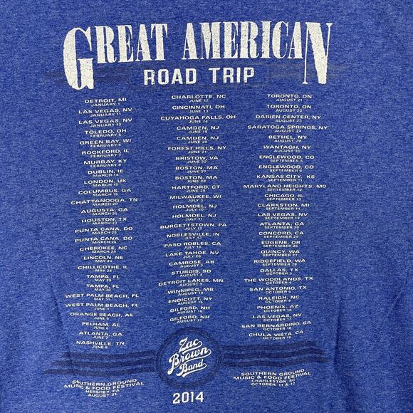 Zac Brown Band Shirt Mens 2XL Blue Great American Road Trip 2014 Tour Music Tee - Picture 4 of 8